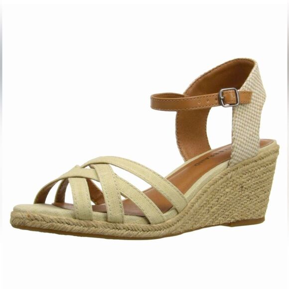 Lucky Brand KALLEY Neutral Tan Crisscross Strap Open Toe Espadrille Wedge Sandal - Picture 1 of 15